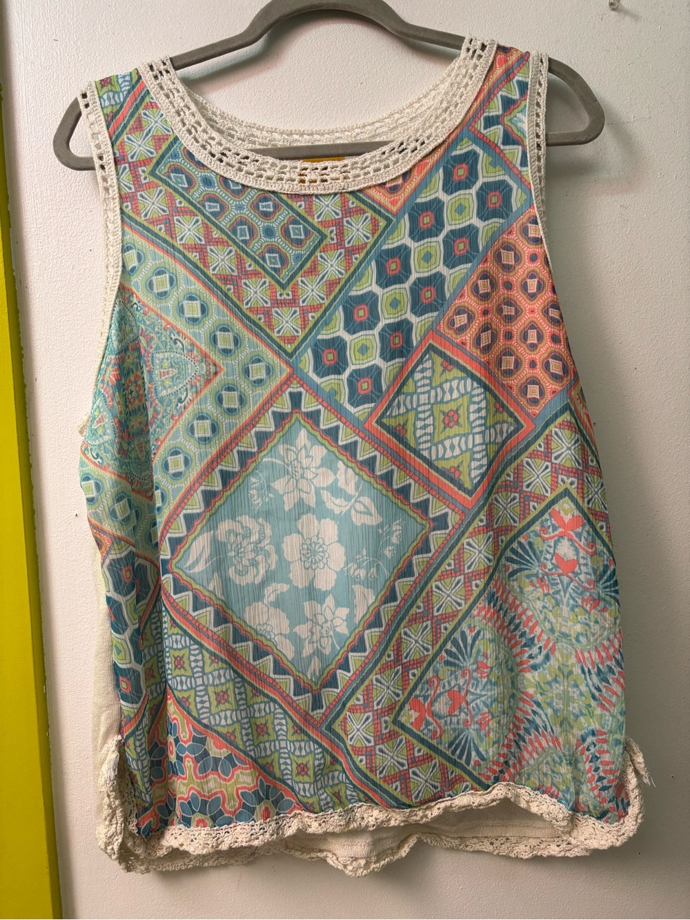 Ruby Rd. Crochet-Trim Patchwork Print Tank - Teal Multi